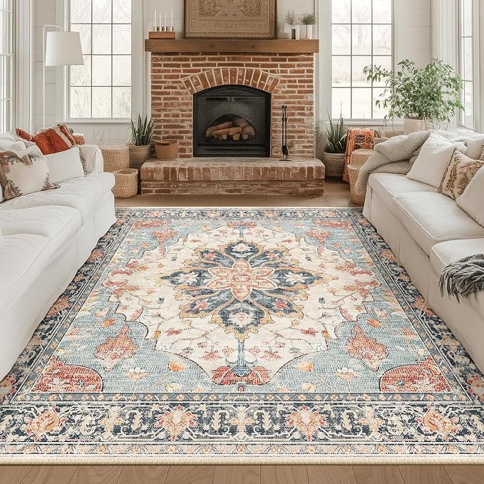 RELEANY Area Rugs Square 8ft Washable Non-Slip, Floral Vintage Distress by RELEANY