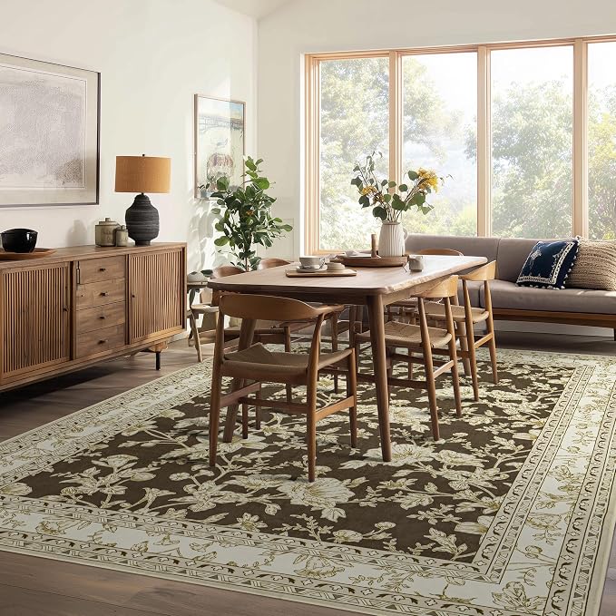 Brown Floral Rug 5x7 Machine Washable Area Rug - Image 2