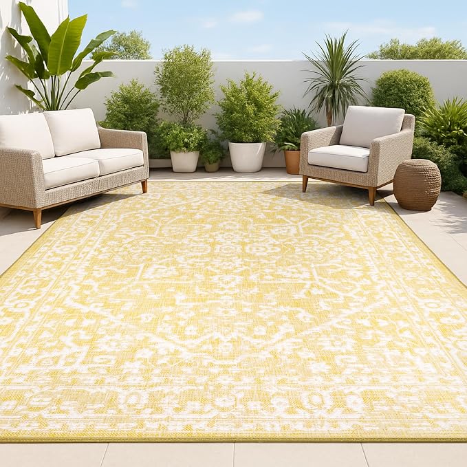 JONATHAN Y Boho Medallion Indoor Outdoor Area Rug 8X10 Yellow/Cream, Malta by JONATHANY