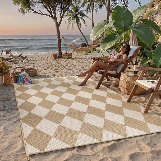 Outdoor Plastic Checkered Rug Waterproof Patio 6x9 Beige Brown Diamond Geometry - Image 3