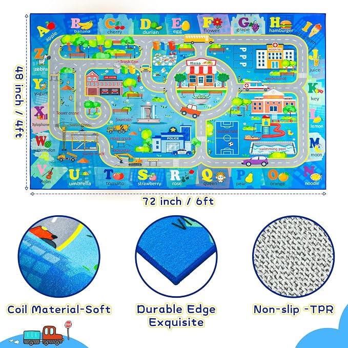 Chicrug 4x6 Car Road Area Rug for Kids Playroom Bedroom, Non Slip Low Pile - Image 2