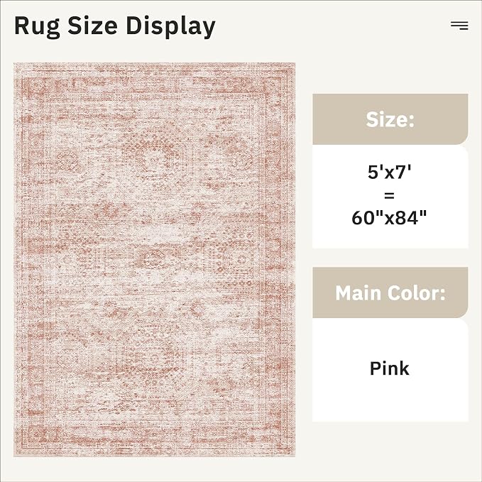 Soalmost 5x7 Area Rugs Pink Low Pile Indoor Washable Trendy Faded Style Rugs - Image 4