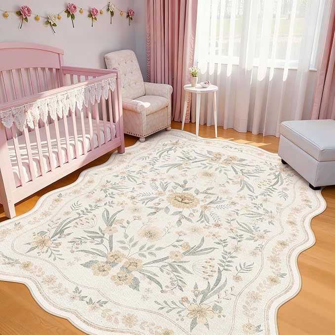Scalloped Floral Rug 6x9, Neutral Beige Washable Non Slip Area Rug by Dadasgk