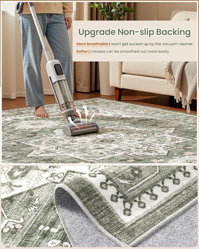 7x9 Vintage Area Rug: Washable Neutral Soft Non Slip Thin Large Floor Carpet - Image 6