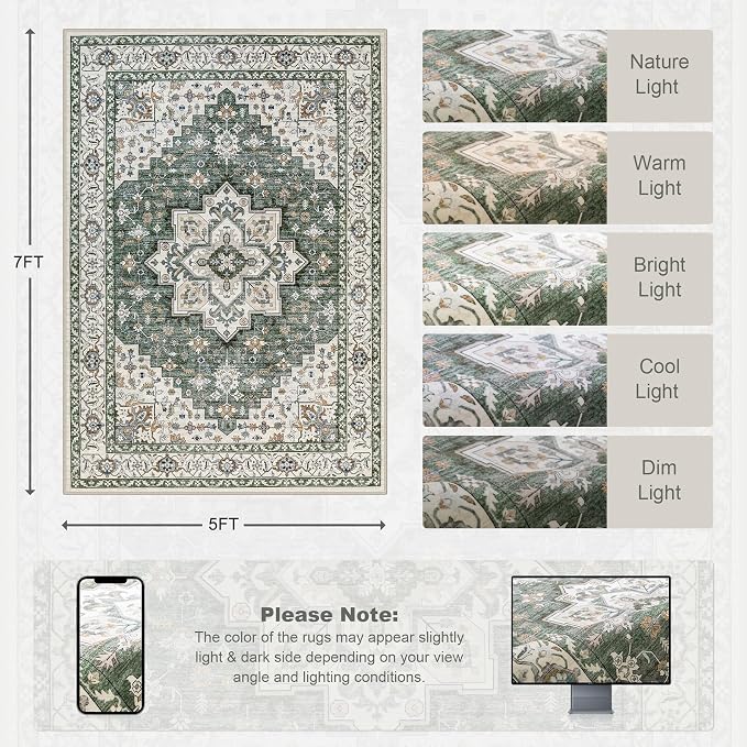 5x7 Area Rugs Living Room Rug: Washable Vintage Boho Medallion Rug No Slip - Image 2