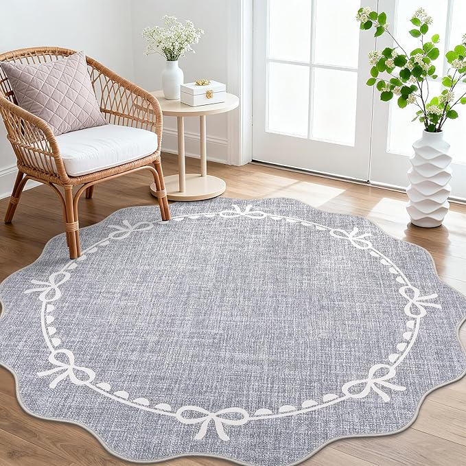 GarveeHome Scalloped Bow Rug for Living Room, 6ft Round Rugs Washable Solid by GarveeHome
