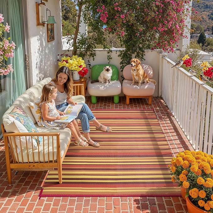Outdoor Plastic Straw Rug Waterproof Patio 4x6 Red Orange Stripe Mat by WondRg