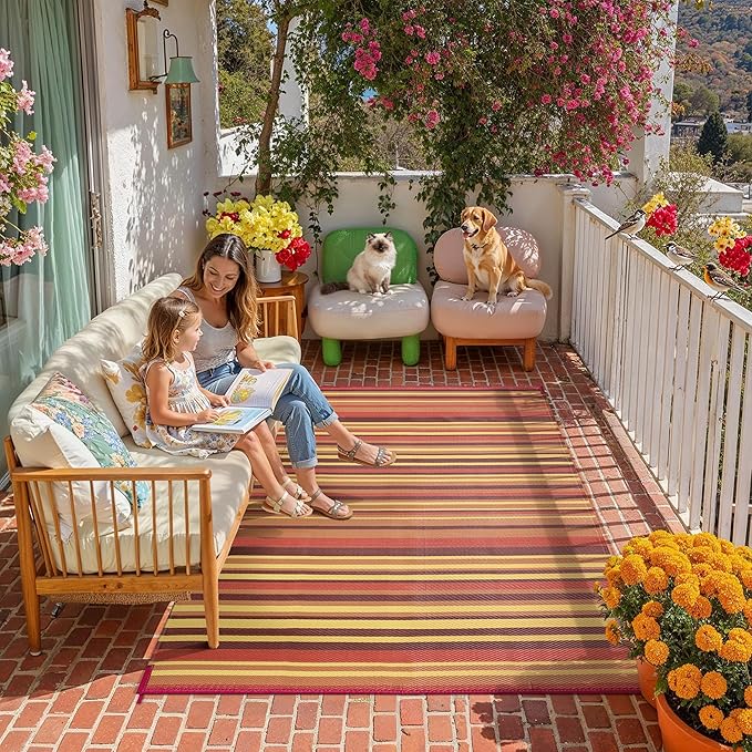 Outdoor Plastic Straw Rug Waterproof Patio 5x8 Red Orange Stripe Mat - Image 2