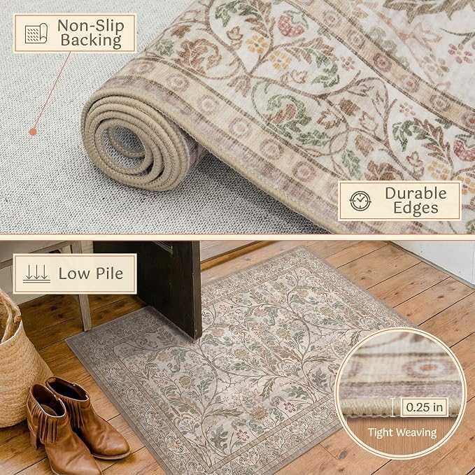 Vintage Floral Moss Green 2'6"x12' Hallway Runner Rug Non Slip - Image 4