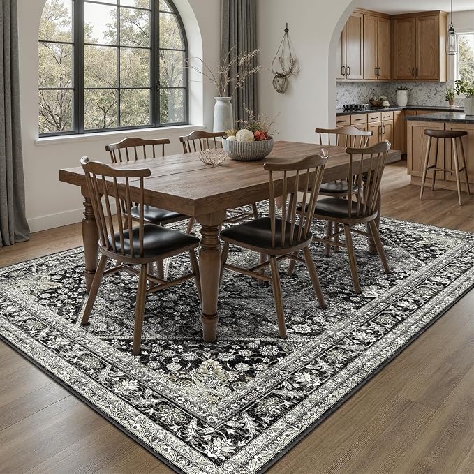 DCX Machine Washable Black Area Rug 4x6, Non Slip Stain Resistant Vintage - Image 5