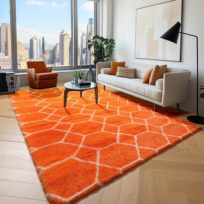 ONASAR Rugs for Living Room Bedroom, 5x8 Fluffy Orange and White Area Rug by ONASAR