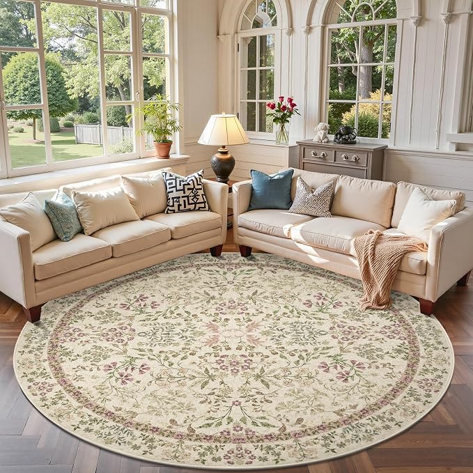 jinchan Zenith Round Rug 7ft Area Rug Soft 7'Round Vintage Floral Rug Non-Slip by JINCHAN