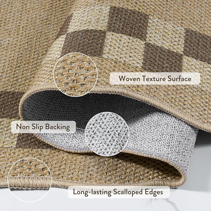 LIVEBOX Scalloped Easy Jute Checkered 8x10 Outdoor Rug, Washable Farmhouse Tan - Image 5