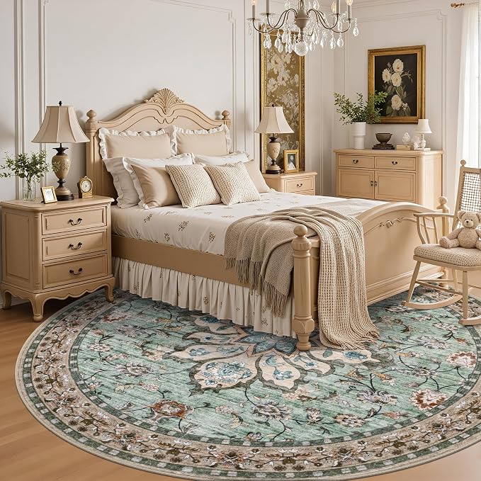 Round Area Rug for Living Room: 4 ft Washable Vintage Boho Soft Thin Circle Rug - Image 4