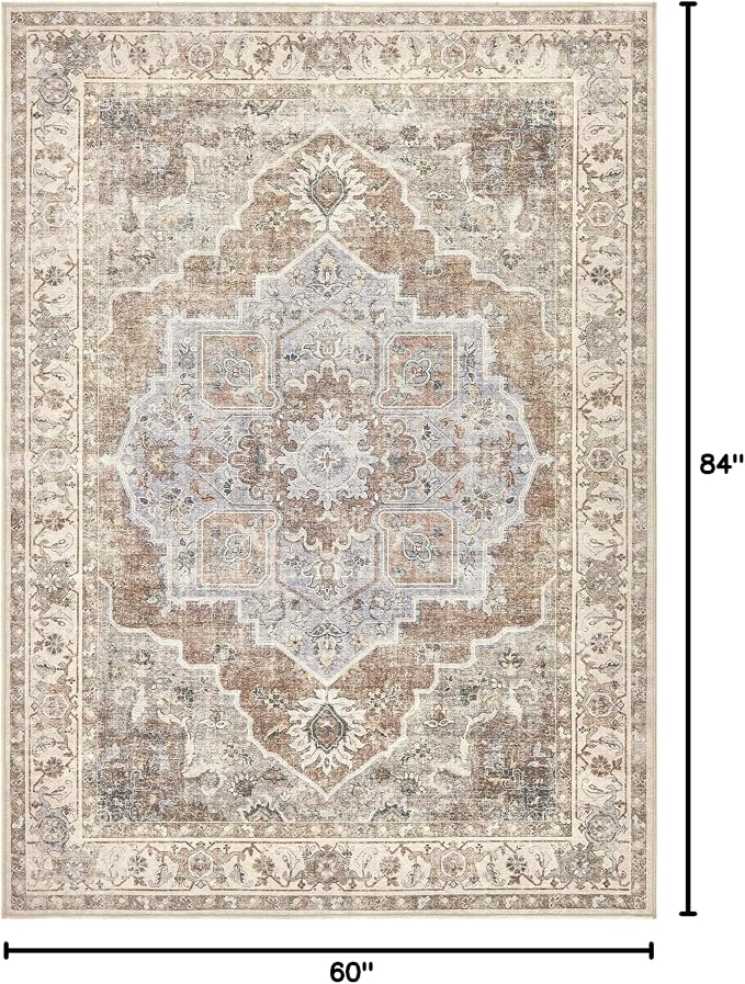 5x7 Washable Area Rug: Vintage Neutral Soft Non Slip Thin Large Floor Carpet - Image 2