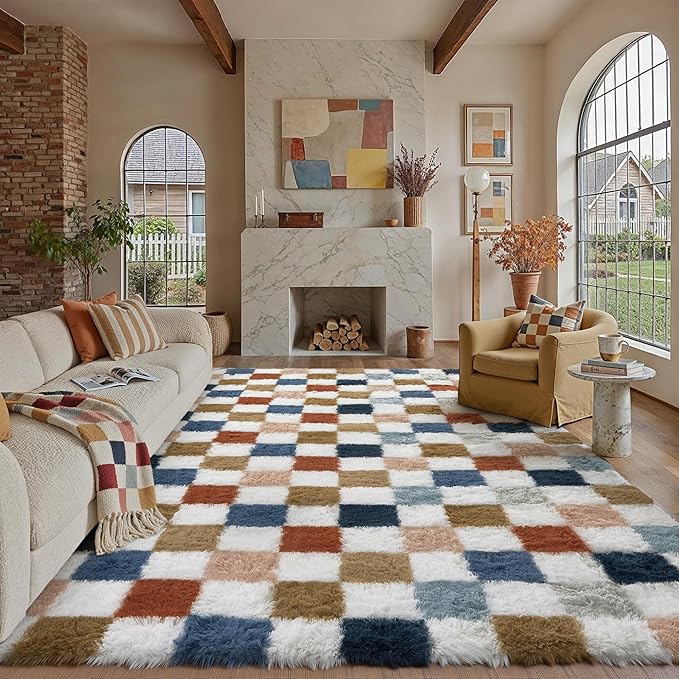 PureCozy Checkered Rug 9x12 for Living Room, Modern Rainbown Shag Rug Washable by PureCozy