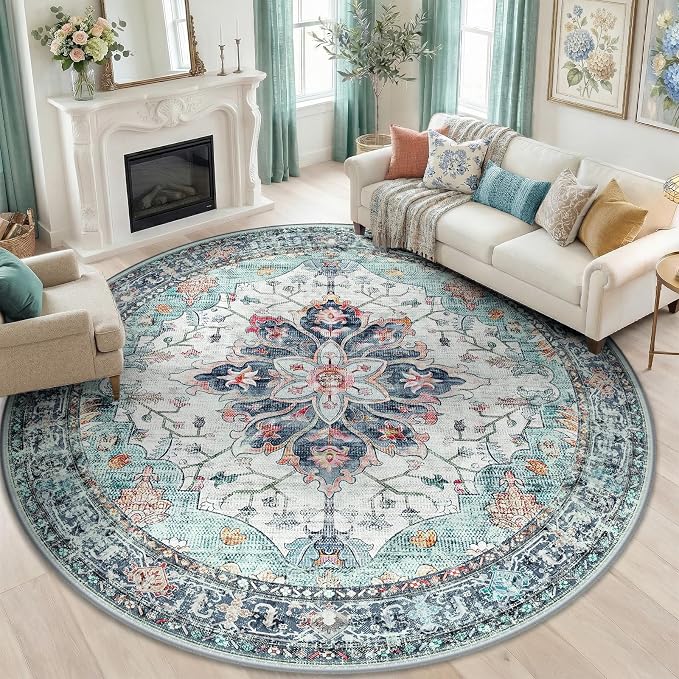 RELEANY Area Rugs Round 8ft Washable Non-Slip, Floral Vintage Distress by RELEANY