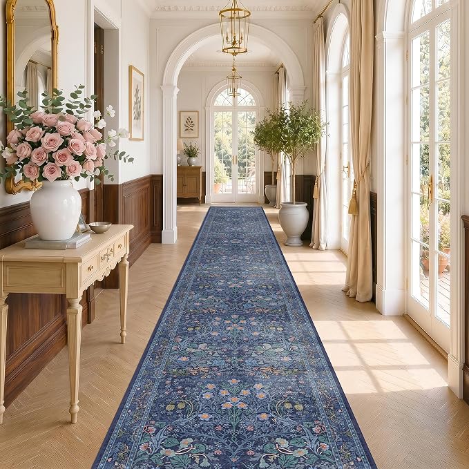 Dark Blue Boho 3x20 Extra Long Runner Rug by HazoHaus