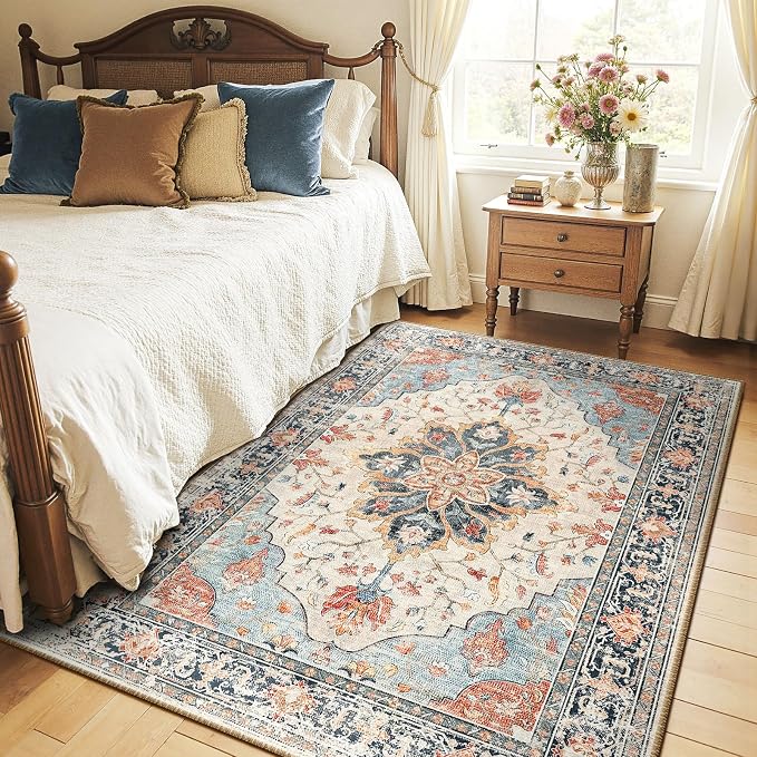 RELEANY Area Rugs 4'x6' Washable Non-Slip, Floral Vintage Distress Medallion - Image 2