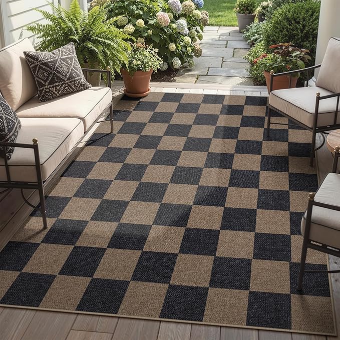 Lahome Checkered Easy Jute Living Room Rugs, 5x7 Black Dining Room Office Rug by Lahome