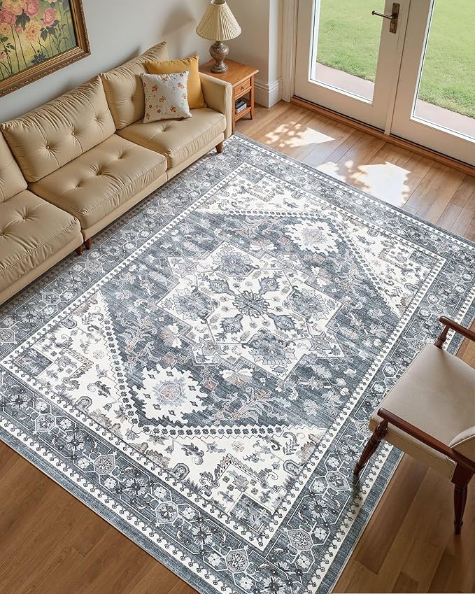 8x10 Vintage Area Rug: Washable Neutral Soft Non Slip Thin Large Floor Carpet by MICGEEK