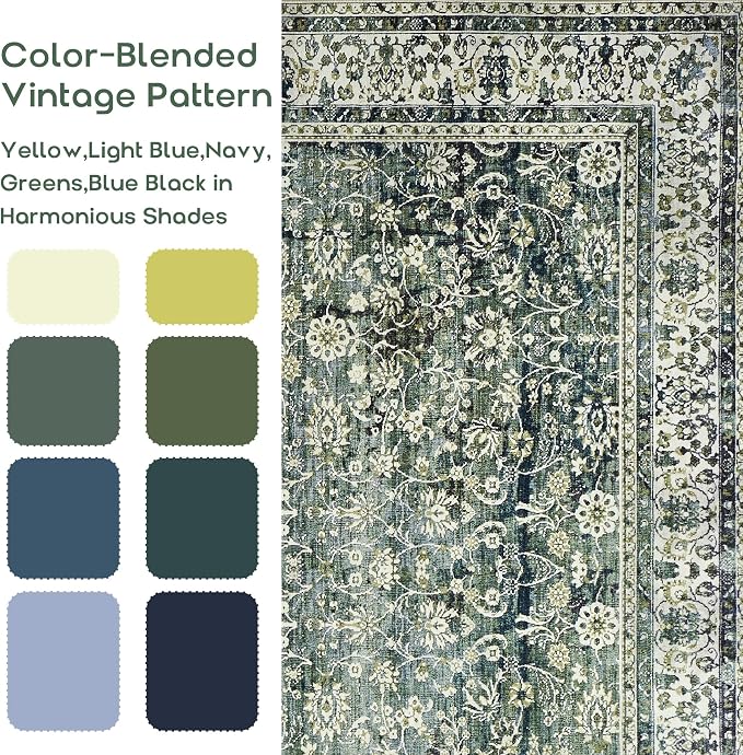 Dark Green Area Rugs 8x10 for Living Room Washable Non Slip Low Pile Blue and - Image 2