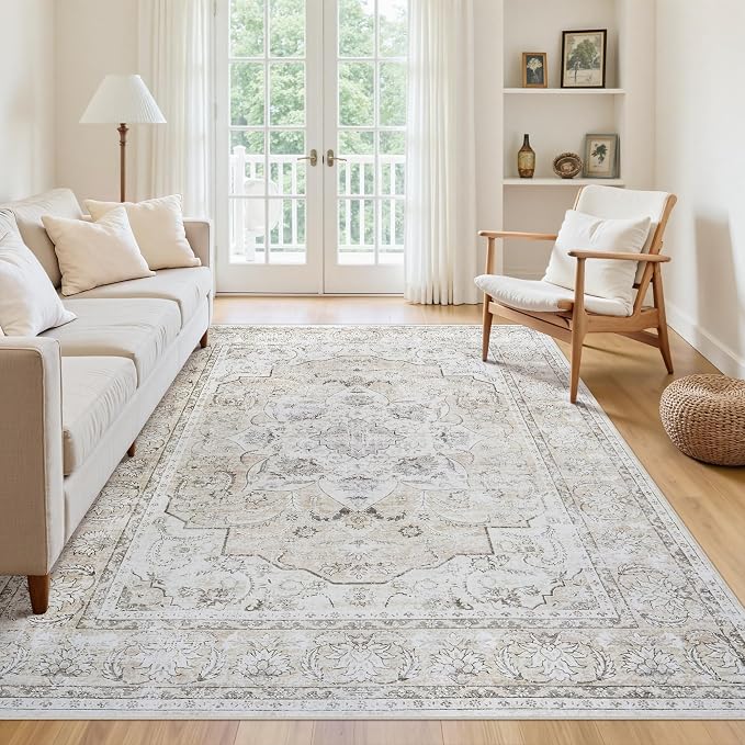 6x9 Area Rugs for Living Room:Beige Washable Vintage Medallion Carpet Non-Slip - Image 3