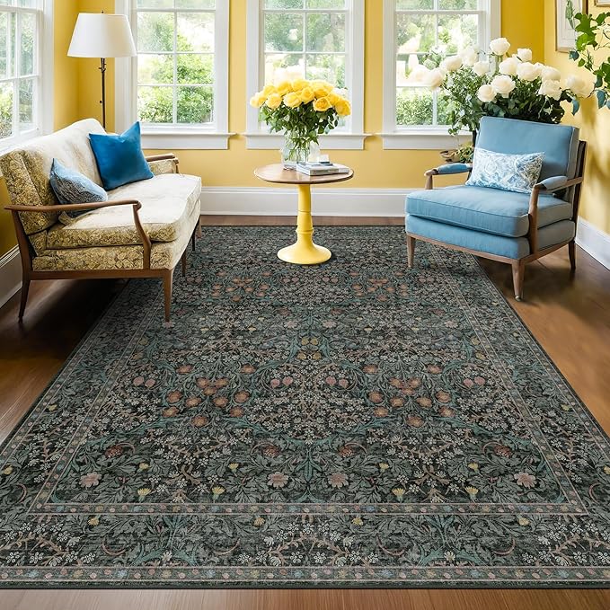 Washable Vintage 5x8 Living Room Rug, Dark Green Floral Area Rug - Image 9