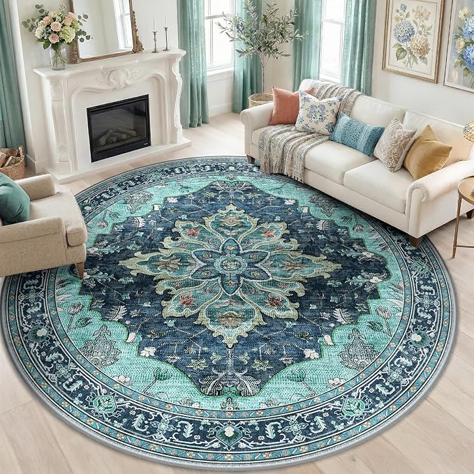 RELEANY Area Rugs Round 8ft Washable Non-Slip, Floral Vintage Distress by RELEANY
