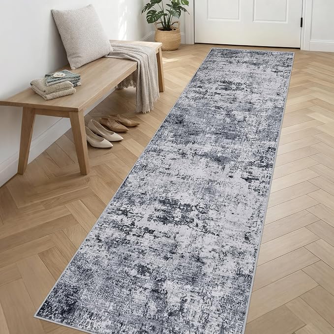 2.6'x14' Runner Rug Washable Rug: Modern Abstract Soft Thin Runner Rug Grey - Image 3