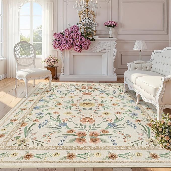 Beige Floral Area Rug 5x7, Neutral Washable Girls Bedroom Rug by Dadasgk