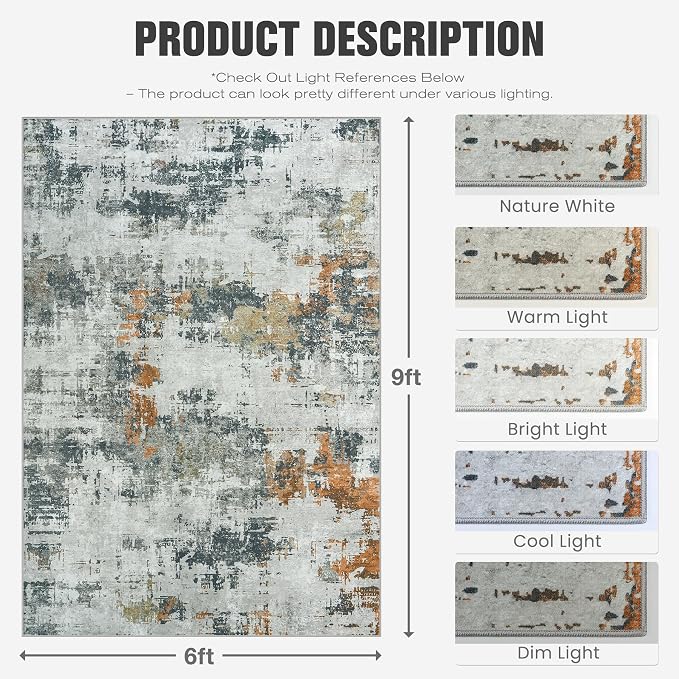 Area Rug 10x14 Living Room Rug Washable: No-Slip Abstract Soft Thin Large Grey - Image 2