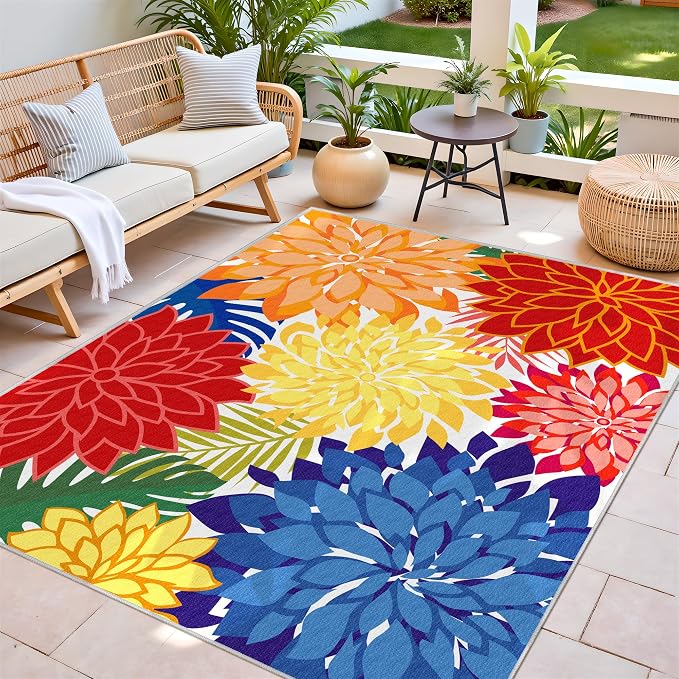 Outdoor Area Rug Washable Multicolored Patio Rug Tropical Botanical Modern - Image 4