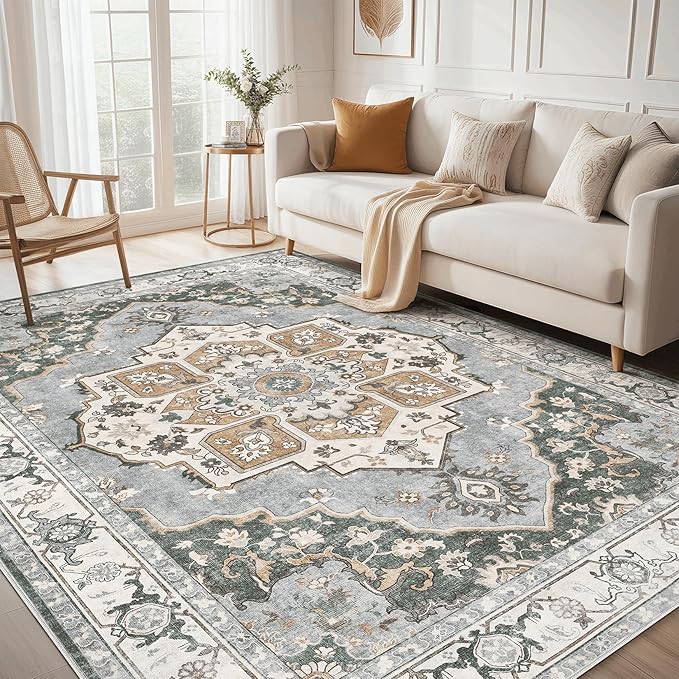 9x12 Washable Area Rug: Vintage Neutral Soft Non Slip Thin Large Floor Carpet by MICGEEK