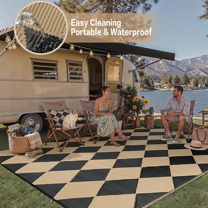 Outdoor Plastic Checkered Rug Waterproof Patio 6x9 Black Brown Diamond Geometry - Image 6