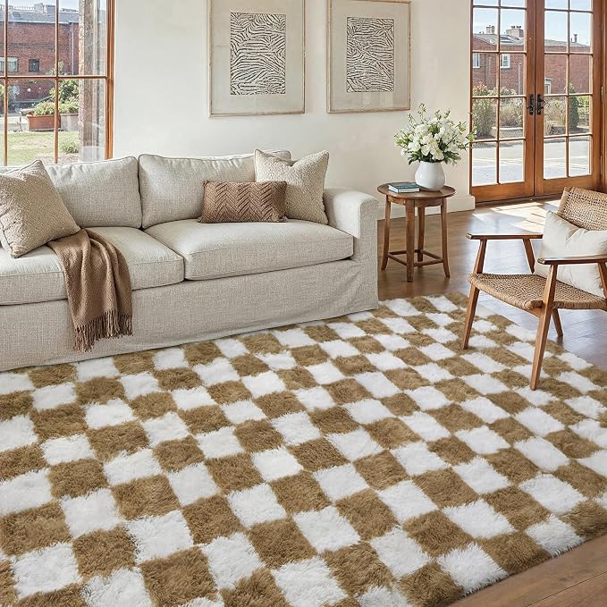 PureCozy 5x7 Area Rugs for Living Room Brown Soft Shag Checkered Large Rug - Image 4