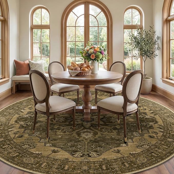RELEANY Area Rugs Round 8ft Washable Non-Slip, Floral Vintage Distress - Image 2