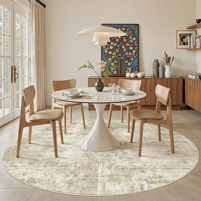 Soalmost 9x9 Beige Gray Round Rug 9ft Living Room Circle Rug Vintage Round Area - Image 3