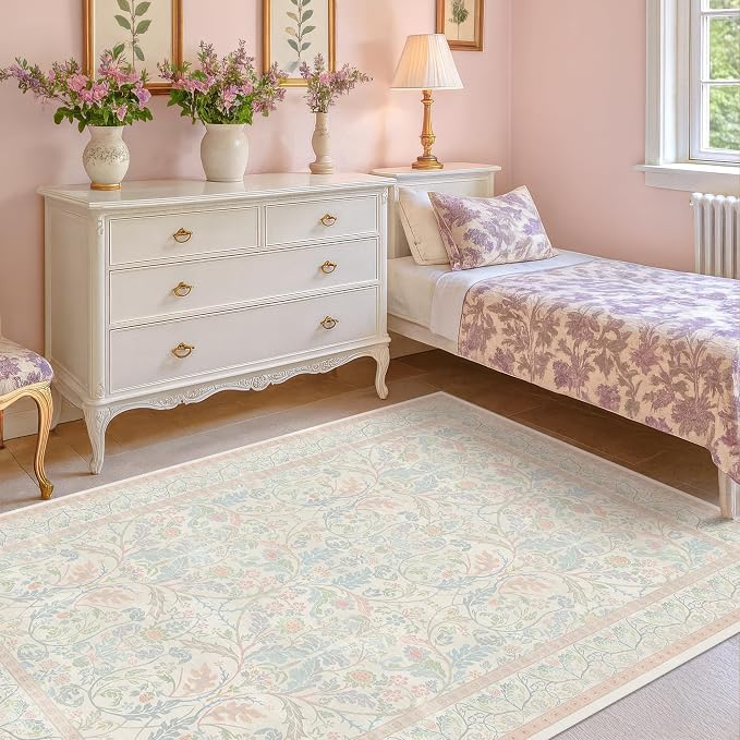 Washable Blue and Pink Rug 5x7 by Evyhood