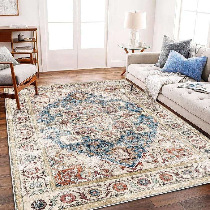 CHAMPLANT Washable Area Rug 9'x12' Beige Blue Boho Chic Medallion Distressed by CHAMPLANT