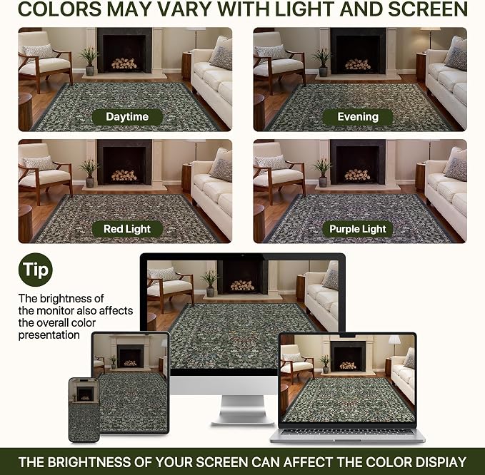 GENIMO 5x7 Washable Area Rug, Emerald Green Non Slip Vintage Boho Floral Carpet - Image 7
