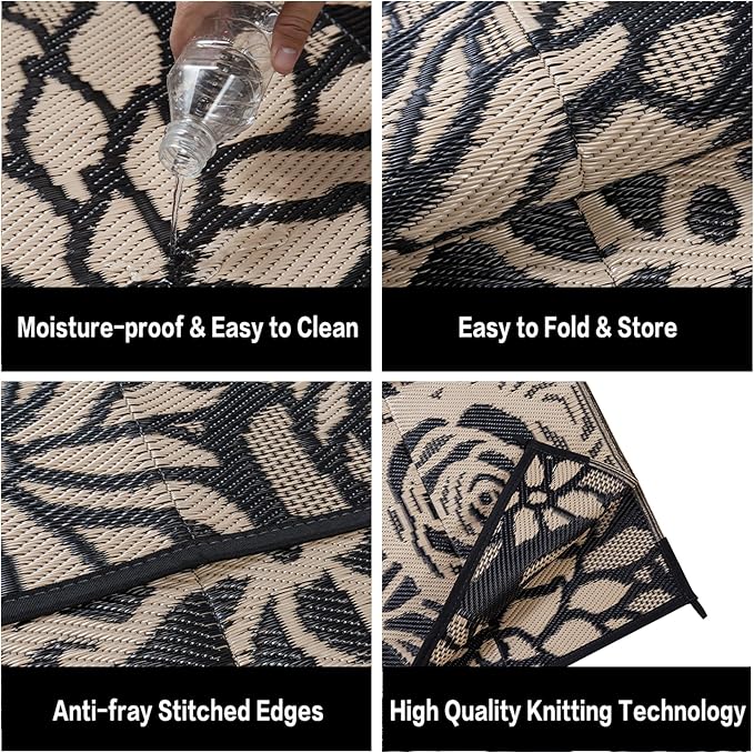 Outdoor Plastic Straw Rug Waterproof Patio 6x9 Black Brown Floral Mat - Image 8