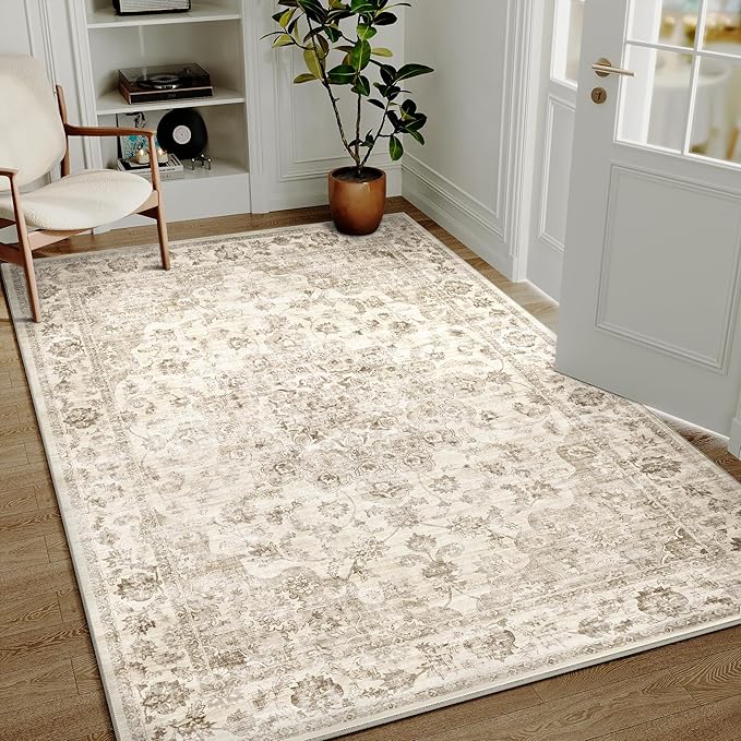 5x7 Washable Neutral Area Rug Beige Vintage Living Room Bedroom Carpet Non-Slip - Image 2
