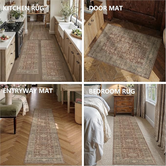 Vintage Kitchen Rug Set of 3 Washable Rust Kitchen Mats - Image 6