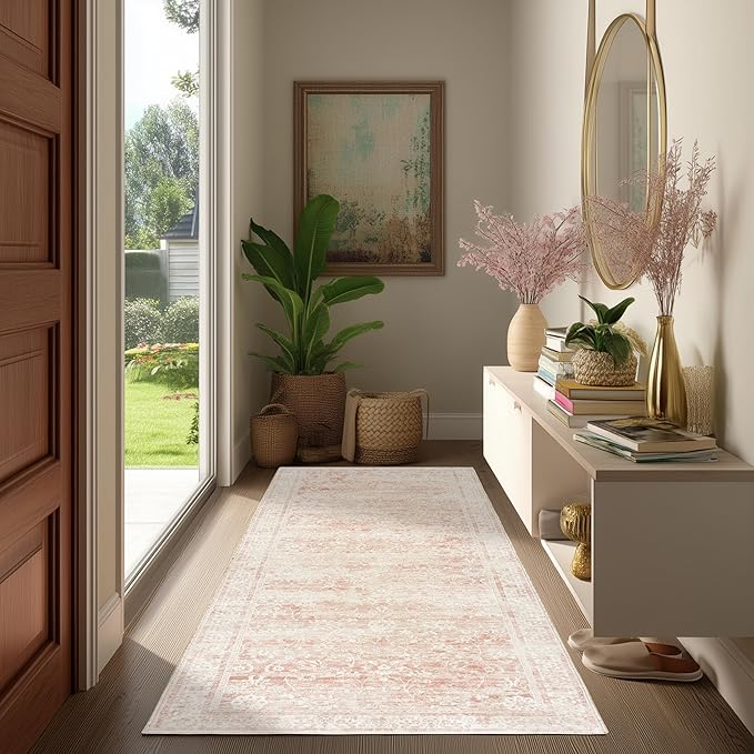 Pink Boho Runner Rugs for Hallway Bathroom Non Slip Cute Bed Side Bedroom Rug by BILEEHOME