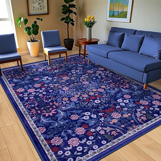 Area Rugs 9x12 Living Room: Floral Washable Rug Vintage Large Soft Boho - Image 2