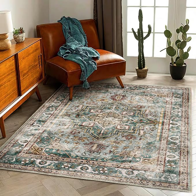 CHAMPLANT Washable Area Rug 5'x7' Green Retro Boho Chic Medallion Distressed - Image 3
