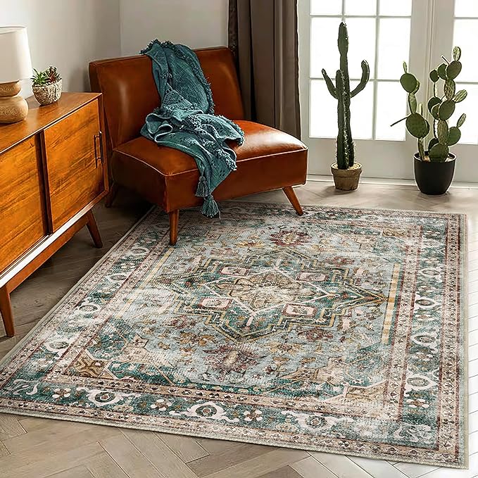 CHAMPLANT 3'x5' Vintage Washable Thin Green Area Rug Tangerine Traditional by CHAMPLANT