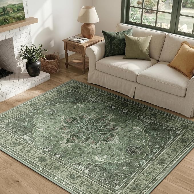RELEANY Area Rugs 4'x5' Washable Non-Slip, Floral Vintage Distress Medallion by RELEANY
