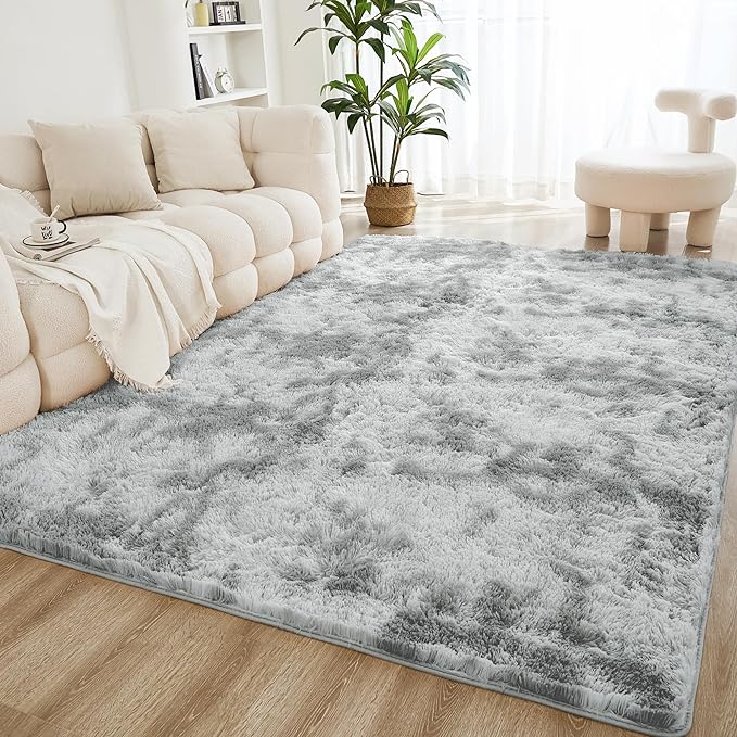 Litanika 6x9 Shag Area Rug for Living Room Bedroom, Tie-Dyed Light Grey High by Litanika
